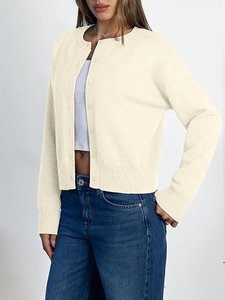 Cardigan en tricot crème pour femme, manches longues, col rond, boutonné, coupe courte - Product Image 3