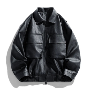 2026 Autumn Casual <b>Thin</b> Slim PU Leather Bomber <b>Jacket</b> for <b>Men</b> with Front Logo and Zipper Closure - Product Image 1