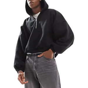 Sweat à capuche zippé pour homme, coupe courte, surdimensionné, épais, personnalisé, 100% coton noir, effet vieilli, avec demi-fermeture éclair - Product Image 2