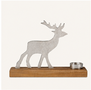 Moderno Portavelas de Metal con Forma de Reno y Base de Madera de Mango Natural, Plateado, Decoración Rústica Navideña para Mesa, Venta al por Mayor - Product Image 1