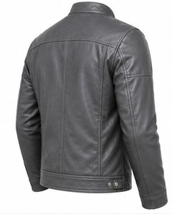 Blouson Moto en Cuir Original Homme Bleu et Marron Col Montant Fermeture Éclair Coupe Slim Manches Classiques Style Color Block Automne - Product Image 4