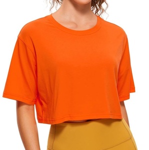 เสื้อครอปท็อปผู้หญิง สตรีทแวร์ ลดราคา เนื้อผ้าซาตินคอตตอน 100% ระบายอากาศได้ดี แขนสั้น สไตล์ไฮสตรีท สีส้ม - Product Image 1