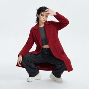 Red Wool Trench Coat Long Notched Lapel Double Button Solid Color Winter Women's Outerwear Minimalist Style Full Sleeve - Product Image 2