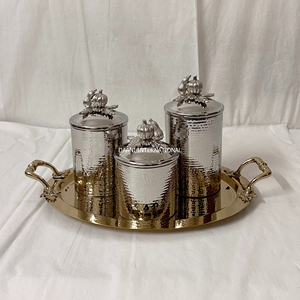Gold Hammered Metal <b>Spice</b> <b>Jar</b> Set with Lid Oval Tray Vintage Kitchen Storage Canisters for Tea Coffee Airtight Food Container - Product Image 4