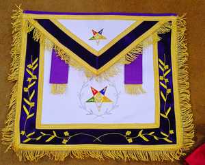 Tablier maçonnique OES Ventoria Enterprises, broderie à la main en fils dorés, velours violet, franges dorées, équerre et compas G - Product Image 5