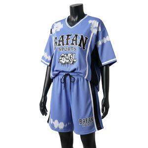 Ensemble short et maillot de baseball pour femme en tissu interlock polyester premium, panneau en maille bleu-noir, logo personnalisé, ensembles pour femme 100% coton - Product Image 4