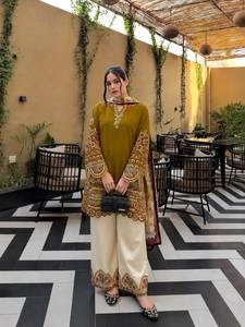 Designer Thread Embroidery Work Roman Silk <b>Top</b> With Plazzo And Georgette Dupatta Fully Stitched Ready To Wear Set - Product Image 1