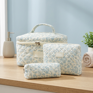 Grande trousse de maquillage matelassée en coton écologique, pochette de beauté géométrique tendance avec fermeture éclair, sacs cosmétiques de voyage personnalisés - Product Image 3