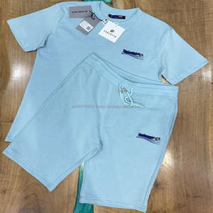 Ensemble 2 pièces d'été pour homme : T-shirt sport décontracté à manches courtes et short en tissu éponge, séchage rapide, tricoté 250g, 100% coton, motifs unis - Product Image 3