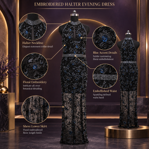 Women Black Embroidered Evening <b>Dress</b> | <b>Halter</b> <b>Neck</b> Sleeveless Mermaid Gown with <b>Sequin</b> Beading Sheer Floor Length Formal <b>Dress</b> - Product Image 4