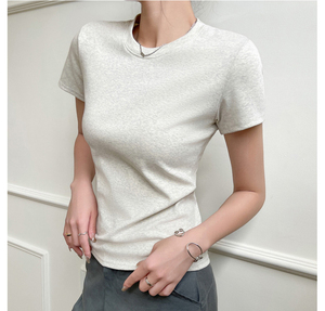เสื้อยืดแขนสั้นคอกลมสีทึบสำหรับผู้หญิงทรงเข้ารูปลำลองผ้าฝ้ายเจอร์ซีย์สวมใส่ได้ในฤดูใบไม้ผลิฤดูร้อน - Product Image 6