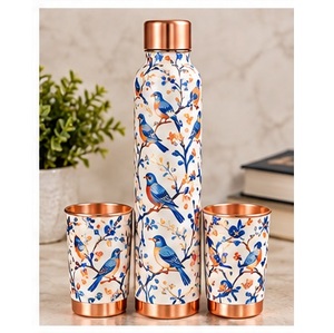Artistic Floral <b>Bird</b> Design Copper <b>Water</b> Bottle Set with Two Tumblers Portable Drinkware for Travel - Product Image 1