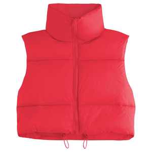 Chaleco Acolchado Rojo de Cuello Alto para Mujer, Diseño OEM/ODM, Cierre de Cremallera, Color Sólido, Informal, Corto, Relleno de Poliéster - Product Image 1