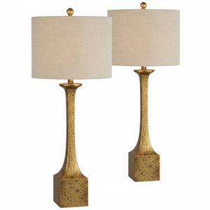 Lampes de table classiques dorées martelées, lot de 2, avec abat-jour en tissu, éclairage traditionnel pour buffet, salon, chambre à coucher, en promotion - Product Image 1