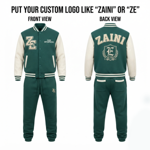 Unisex Varsity <b>Tracksuit</b> 320 GSM Premium Cotton Fleece Winter Drawstring Green <b>White</b> Contrast Panel Custom Chenille Embroidery - Product Image 1