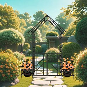 Black Metal Garden <b>Arch</b> with Gate and Planter W80.71*H97.24 Size Climbing Plants Support Outdoor <b>Rose</b> Trellis - Product Image 1