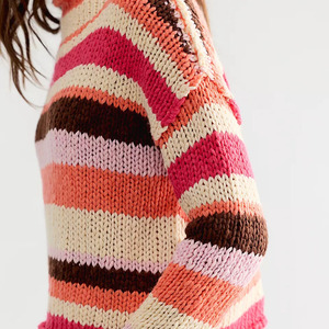 Custom Made Women's Striped Knitted Crop Sweater Crew Neck Full Sleeve Acrylic Pullover Autumn Casual Style Hand Knitted Sweater - Product Image 4