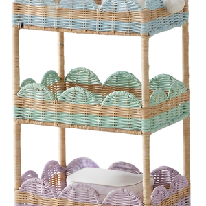 Handcrafted 3-Tier Scalloped Rattan Rolling Cart Multi-Color Woven Kids Nursery Utility Cart with Wheels for Kitchen Living Room - Product Image 2