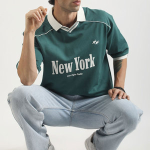 Polo Estampado New York para Hombre, Verde Oscuro, Algodón, Manga Corta, Transpirable, Informal, Talla Grande - Product Image 4