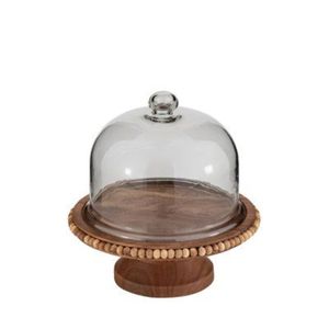 Support à gâteau artisanal en bois de manguier avec bord perlé et cloche en verre – Présentoir à dessert rustique sur piétement pour la maison et l'hôtel - Product Image 1