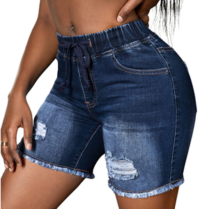 Womens Summer Casual Dark Blue Denim Pants <b>Elastic</b> Mid <b>Waist</b> Drawstring Ripped Distressed Washed Raw Hem Streetwear Fashion - Product Image 5