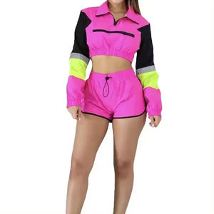 Women's 2 Piece High Quality Windbreaker Set 100% Cotton Cropped <b>Top</b> Lace Embroidered <b>Zipper</b> Shorts Solid Knee Patches - Product Image 3