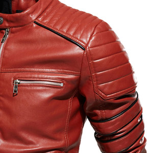 Men's Red PU Leather Motorcycle <b>Jacket</b> <b>Slim</b> <b>Fit</b> Stand Collar Zipper Closure Moto Biker Style Autumn Wear - Product Image 3