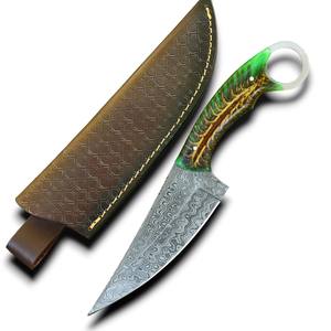 Couteau à lame fixe en acier Damas, pointe tombante, avec trou pour le pouce, pour bushcraft, chasse, camping, avec manche ergonomique en résine de pin - Product Image 1