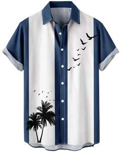Chemise boutonnée à manches courtes personnalisée avec imprimé palmiers et oiseaux bleus et blancs, vêtements de plage décontractés pour hommes, fabricant OEM sur mesure en gros - Product Image 1