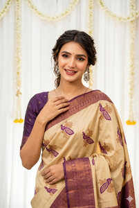 Sari de seda morado y beige con estampado de pavo real, ropa tradicional india para bodas, para mujeres - Product Image 2