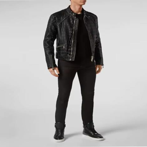 Blouson moto en cuir PU noir pour homme, col montant, motif crocodile embossé, fermeture éclair, coupe ajustée, style automne - Product Image 4