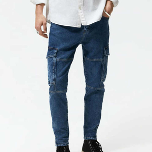 Jeans de Mezclilla Cargo para Hombre, Corte Slim Fit, Peso Medio, Algodón Lavado, Estilo Casual, Azul Sólido - Product Image 1