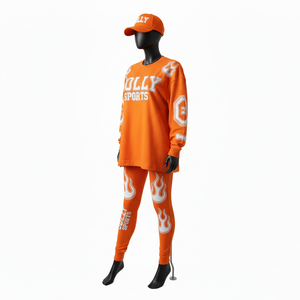 Ensemble personnalisé pour femmes : T-shirt en coton premium 200 GSM et legging en polyester et élasthanne, logo flamme orange en strass thermocollé. - Product Image 3