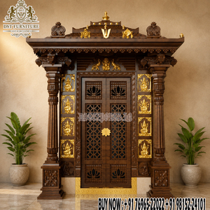 Puerta de Madera de Teca Estilo del Sur de la India para Sala de Pooja con Pilares de Elefante, Diseño Tradicional Profesional - Product Image 6
