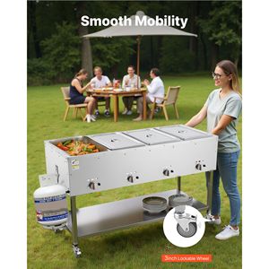 Tavolo a vapore professionale a 4 vasche in acciaio inossidabile con scaldaspezie per esterni a gas GPL e valvola di scarico, ruote da 3 pollici - Product Image 3