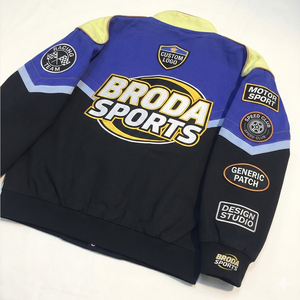 เสื้อแจ็คเก็ตแข่งรถมอเตอร์สปอร์ตแบบกำหนดเองขายส่ง OEM สำหรับผู้ชาย ผ้าฝ้ายผสมโพลีเอสเตอร์ สไตล์ NASCAR พร้อมปักลายปะติด แฟชั่นแนวสตรีท - Product Image 3