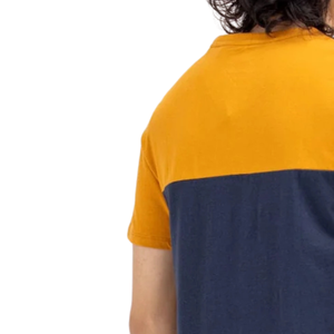 Camiseta de algodón para hombre, color mostaza y azul marino, con bloques de color, cuello redondo, manga corta, informal, atlética, para entrenamiento, fitness, uso diario, verano - Product Image 5