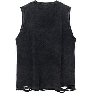 Men's <b>Black</b> Washed Sleeveless Tank Top With Chain Decoration Street Style O-Neck <b>Knitted</b> Cotton <b>Vest</b> Cotton Workout Fitness - Product Image 4