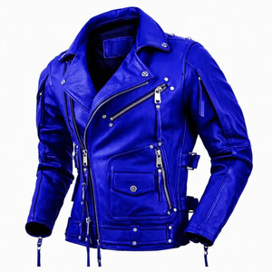 Veste de motard en cuir PU bleu pour homme, col rabattu, fermeture éclair, coupe ajustée, manches classiques, style automne - Product Image 1