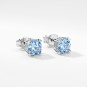 Boucles d'oreilles clous rondes bleues en diamant, sertissage griffe halo, pour mariage, fête, cadeau - Product Image 1