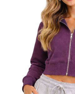 Sudadera con capucha corta con cremallera para mujer, de manga larga, informal, de forro polar suave, estilo urbano, color morado ciruela, tendencia de moda otoño-invierno - Product Image 5