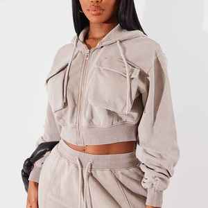 Sudadera Corta con Capucha para Mujer, Manga Larga, Cierre de Cremallera, Color Sólido, Mezcla de Algodón, Tejido de Punto, Ropa Casual de Otoño - Product Image 1