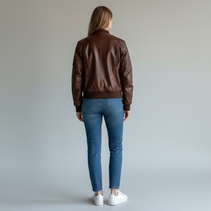 Blouson aviateur en cuir de vachette marron pour homme, style moto, fermeture éclair, coupe classique, couleur unie, col rabattu, vêtement d'automne, moto - Product Image 3