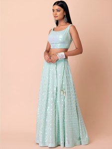 Rivaayat House Lehenga Choli de terciopelo verde menta con bordado de lentejuelas y soporte alto para mujer, ropa étnica tradicional india para bodas y fiestas - Product Image 4