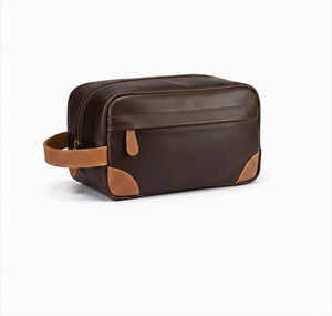 Classic Leather Toiletry Bag Rectangle Shape Durable Travel Storage Bag for Men <b>Brown</b> with Tan Accents - Product Image 1