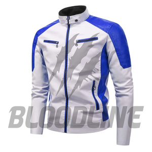 BLOODLINE Men's Black <b>White</b> PU Leather Moto Biker <b>Jacket</b> Slim Fit Zipper Closure Stand Collar Autumn Wear - Product Image 2