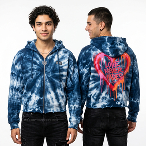 Sudadera con capucha y cremallera personalizada, azul oscuro, con efecto tie-dye, corte cropped, bajo sin rematar, gráfico de corazón 'Love Never Fades', estilo streetwear, de fábrica - Product Image 1