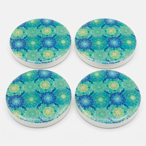 Juego de Posavasos Redondos de Mármol Hechos a Mano, Personalizados al por Mayor, con Estampado Floral Mandala en Azul y Verde Azulado, Posavasos de Piedra Natural para el Hogar - Product Image 1