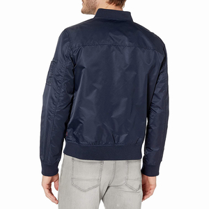Men's Navy Blue Bomber <b>Jacket</b> Stand Collar Zipper Closure <b>Patch</b> Design Casual Windproof Polyester Material Autumn Wear - Product Image 2