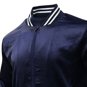 Men's Navy Blue Satin Bomber Jacket Regular Fit Zipper Closure Turn-<b>down</b> Collar Casual Autumn Wear - Product Image 4